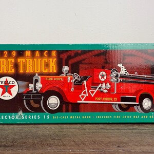 ERTL 1929 Mack Fire Truck Texaco Diecast Metal Bank - Collector Series #15, 1:25 Scale Red Truck, New In Box