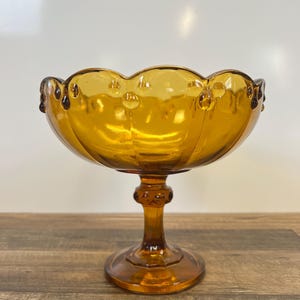 Vintage Indiana Glass Amber Pedestal Bowl – Garland Pressed Teardrop Candy Dish, Fruit Bowl, Mid-Century Decor