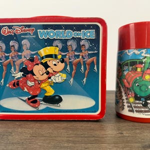 1980 Walt Disney Wonderful World on Ice Metal Lunchbox with Thermos – Vintage Disney Lunch Box Collectible, Ice Show Memorabilia