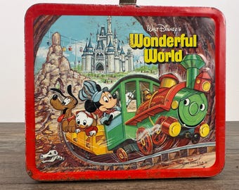Vintage 1980 Walt Disney's World Aladdin Metal Lunchbox - Mickey Mouse Train Theme
