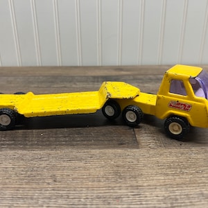 Vintage 1970s Buddy L Lowboy Truck and Trailer – Mini Flatbed Hauler Pressed Steel Toy