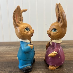 Rabbit Statue Mr & Mrs Rabbit Vintage Hand Painted Hand Made in Japan Ceramic 1960s