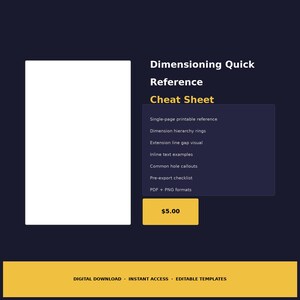 May include: A dark blue digital reference guide titled Dimensioning Quick Reference Cheat Sheet. It lists features including single-page printable reference, dimension hierarchy rings, extension line gap visual, inline text examples, common hole callouts, and a pre-export checklist.