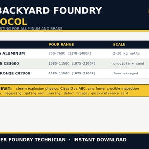 May include: A PDF guide titled The Backyard Foundry Protocol for safe home casting of aluminum and brass. The document features a table listing alloys like 356/A356 aluminum, red brass C83600, and silicon bronze C83700 with pour ranges and scales.