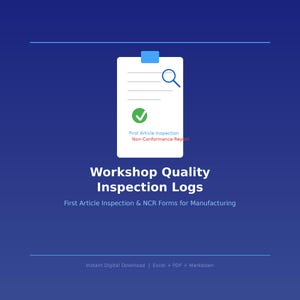 May include: A digital document graphic featuring a white clipboard icon with a blue tab, a magnifying glass, and a green checkmark. The text reads Workshop Quality Inspection Logs, First Article Inspection, and Non-Conformance Report.