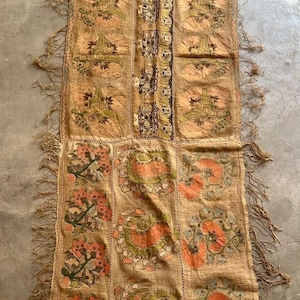 Antique Ottoman Turkish textile  Hand woven Cotton cloth Silk embroidered silver thread floral patterns Home decor180 x 50 Cm