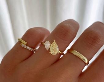 Pear Cut Toi Et Moi Moissanite Ring, Fancy Vivid Yellow Pear Moissanite Engagement Ring, Yellow Gold Anniversary Ring, Two Stone Ring