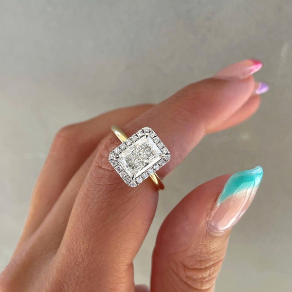 Anillo de compromiso con halo de diamantes cultivados en laboratorio de talla radiante de 3 CT, anillo de boda de diamantes radiantes certificado IGI, oro amarillo de 14 qt, anillo de propuesta para ella