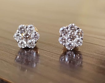 Aretes de diamantes cultivados en laboratorio redondos de estilo floral, aretes de racimo de diamantes redondos de 0,88 TW, joyería hecha a mano, regalo de boda, regalo de aniversario