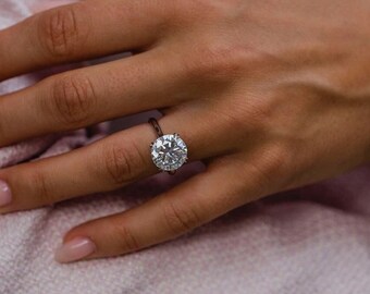 Huge 5.05 CT Round Moissanite Hidden Halo Engagement Ring, Solitaire Cathedral Double Claw Prong Ring 14K White Gold Moissanite Wedding Ring