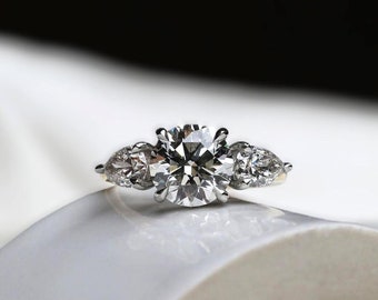 1 CT Lab Grown Diamond 3 Stone Ring, Round Diamond Three Stone Engagement Ring, Side Pear Cut Diamonds, 14k Gold Proposal Diamond Ring