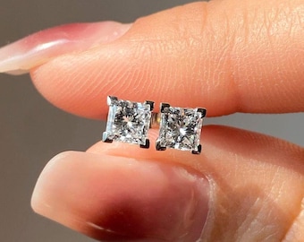 Pendientes de diamantes de talla princesa de 1,0 TCW, pendientes de boda con diamantes cultivados en laboratorio, engaste de medio bisel, delicados pendientes de diamantes para mujer