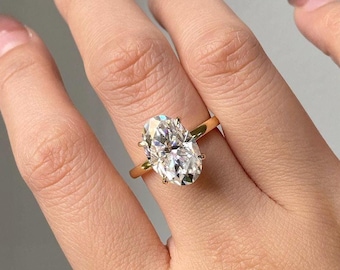 Enorme ovaal geslepen diamanten solitairering van 5,03 kt, IGI-gecertificeerde F VS1 CVD diamanten verloving in 14 kt geelgoud, vier klauwtanden