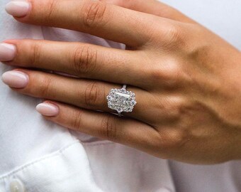 Vintage Style 3.50 CT Radiant Cut Halo Moissanite Engagement Ring 14K White Gold Unique Moissanite Bridal Wedding Ring Women Gift For Her