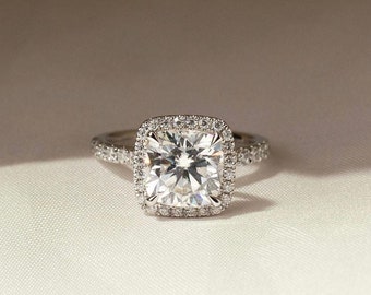 3 Karat Kissenschliff Halo Verlobungsring, Kissenschliff Moissanite Ring, Pave Diamantring, Moissanite Ehering, 14K Weißgold Ring