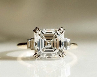 Anillo de compromiso de talla Asscher, anillo de bodas de diamantes cultivados en laboratorio de cinco piedras de 1,0 a 5,0 CT para mujeres, regalo de aniversario para ella, anillo de oro de 14 quilates