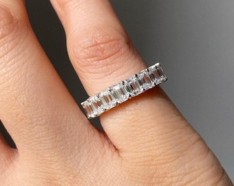 Fede nuziale con diamante coltivato in laboratorio con taglio smeraldo da 1,40 TW, fascia abbinata impilabile Half Eternity, fascia con diamante taglio smeraldo, regalo di anniversario