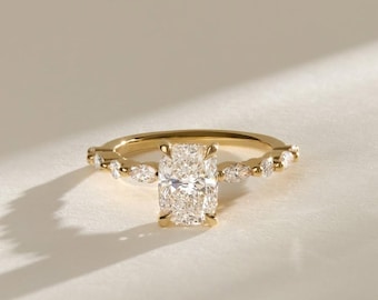 2 Carat Elongated Cushion Cut IGI Certified Lab Grown Diamond Hidden Halo Engagement Ring, 14k Yellow Gold Cushion Diamond Ring For Women