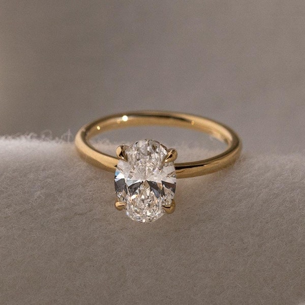 Anillo de compromiso con halo oculto de talla ovalada, anillo de diamantes cultivados en laboratorio de oro macizo de 14 qt de 1,0 a 2,0 CT, anillo de compromiso solitario para mujer