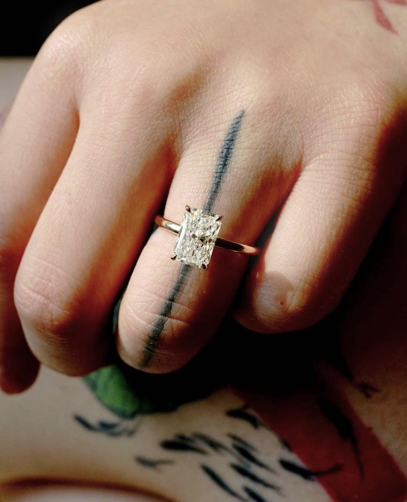 2 CT Radiant Cut Lab Grown Diamond Solitaire Engagement Ring, 14K Solid ...