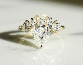 3 CT Pear Cut Lab Grown Diamond Three Stone Engagement Ring, Trilogy Diamond Ring With Floral Basket, Handmade Wedding Ring For Her