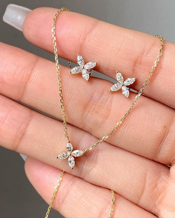 Marquise Cut Diamond Pendant Set, Marquise Lab Grown Diamond Earrings And Pendant Necklace, Flower Design Pendant Earrings, Anniversary Gift