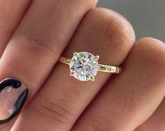 Anillo de compromiso de diamantes cultivados en laboratorio de talla redonda, anillo de boda de diamantes de talla redonda de 1,0 a 3,0 CT, anillo solitario con acento lateral, regalo de aniversario