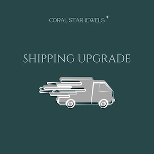 May include: A white delivery truck with a grey outline, speeding with a blur effect, against a dark teal background. The text "SHIPPING UPGRADE" is above the truck, and "CORAL STAR JEWELS" is above the text.