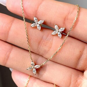 Marquise Cut Diamond Pendant Set, Marquise Lab Grown Diamond Earrings And Pendant Necklace, Flower Design Pendant Earrings, Anniversary Gift