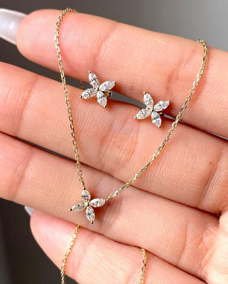 Marquise Cut Diamond Pendant Set, Marquise Lab Grown Diamond Earrings And Pendant Necklace, Flower Design Pendant Earrings, Anniversary Gift