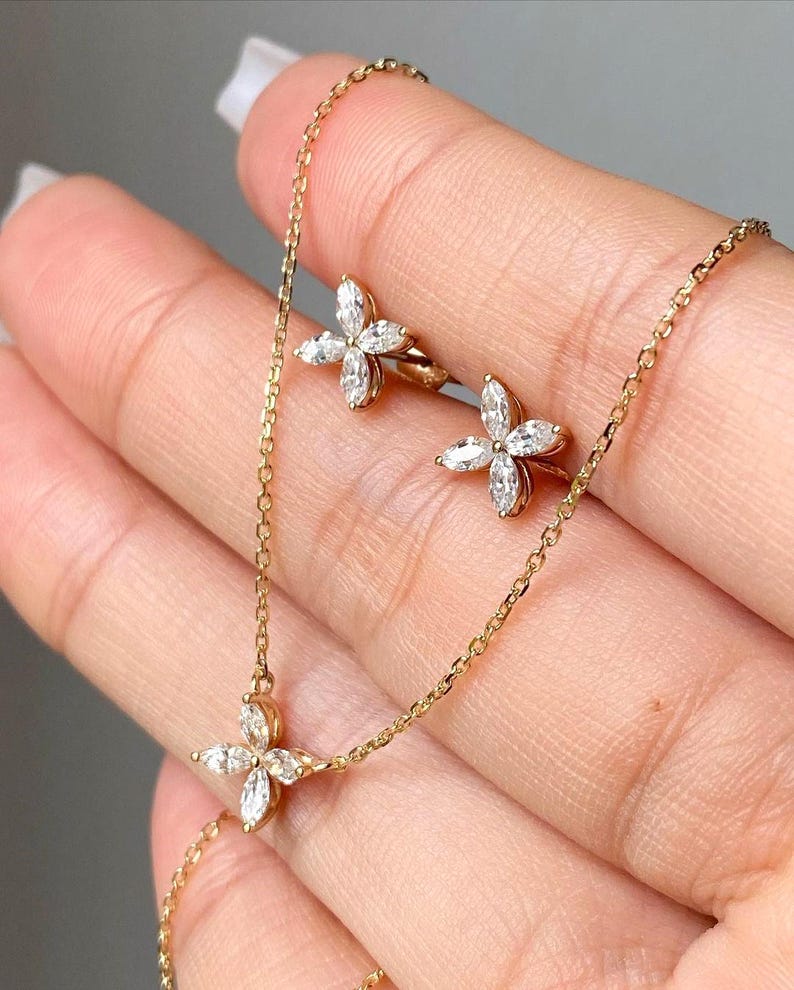 Marquise Cut Diamond Pendant Set, Marquise Lab Grown Diamond Earrings And Pendant Necklace, Flower Design Pendant Earrings, Anniversary Gift