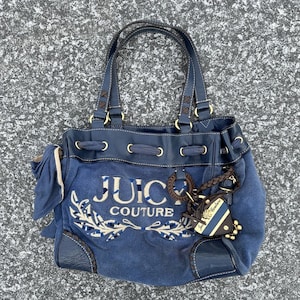 Vintage Y2K Juicy Couture Scottie Daydreamer Navy Blue Velor Charm Bag Purse