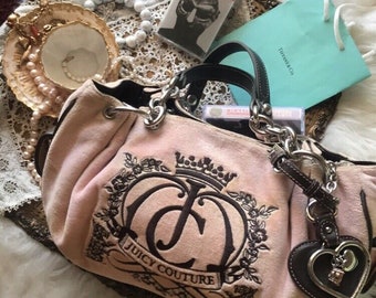 Rara borsa a tracolla in pelle marrone vintage Juicy Couture Y2K in velluto rosa baby