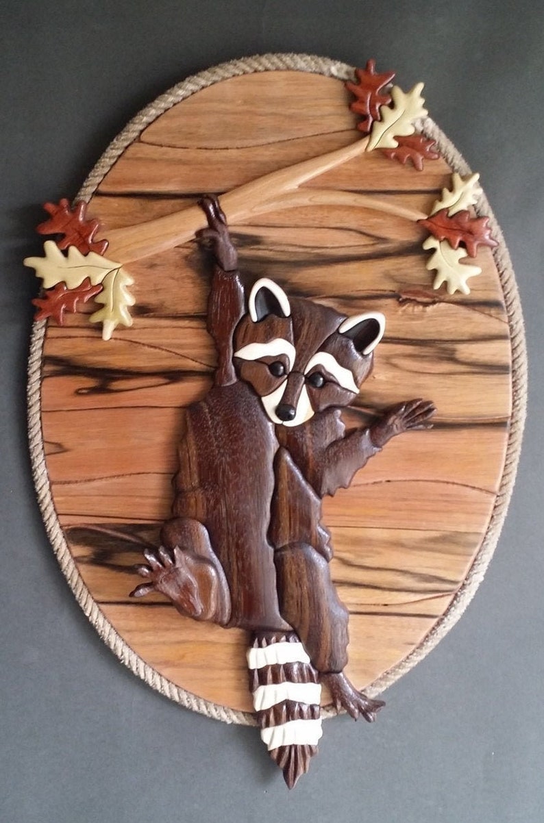 Hang in There Raccoon Intarsia Wood Art Sculpture | Etsy