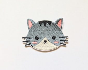 SALE* Gray Cute Cat Smiley Patch: Embroidered Animal Badge / Patch - Iron-On / Sew-On Applique for Jackets, Backpacks. Pet Lovers