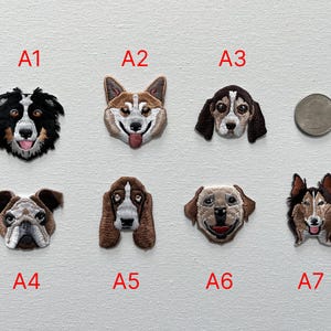 May include: Embroidered dog face patches in various breeds, including a Border Collie, Corgi, Beagle, Bulldog, Basset Hound, and others. Each patch is intricately detailed with realistic features and colors. A coin is included for size reference.