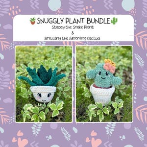 May include: Two crocheted plant plushies, a green snake plant and a green cactus with a pink flower, in white pots with smiling faces. The plushies are on a bed of green leaves. The text "Snuggly Plant Bundle" is above the plushies.