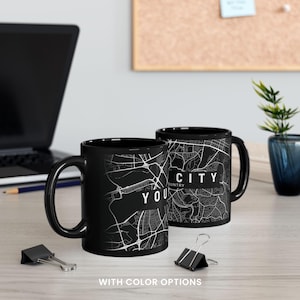 Caneca de cerâmica com mapa da cidade personalizado | Caneca de café com design de mapa rodoviário personalizado | Copos de chá preto duráveis e exclusivos com alça em C confortável