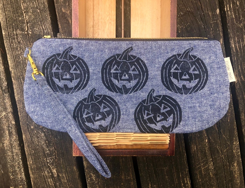 Navy Blue Jackolantern Wristlet / block printed image 1