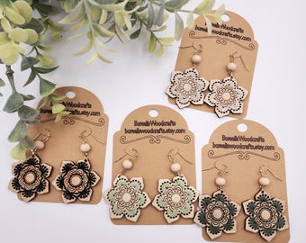 Handmade Embroidered Wood Earrings: Boho Floral Dangle earrings