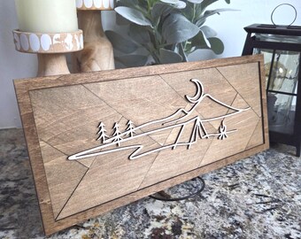 Laser Cut Wood Camping Scene: Geometric Rustic Wall Art, home decor