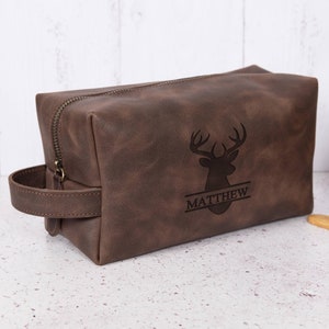 Hunting Gift for Men – Engraved Leather Dopp Kit, Personalized Travel Organizer, Outdoor Toiletry Bag