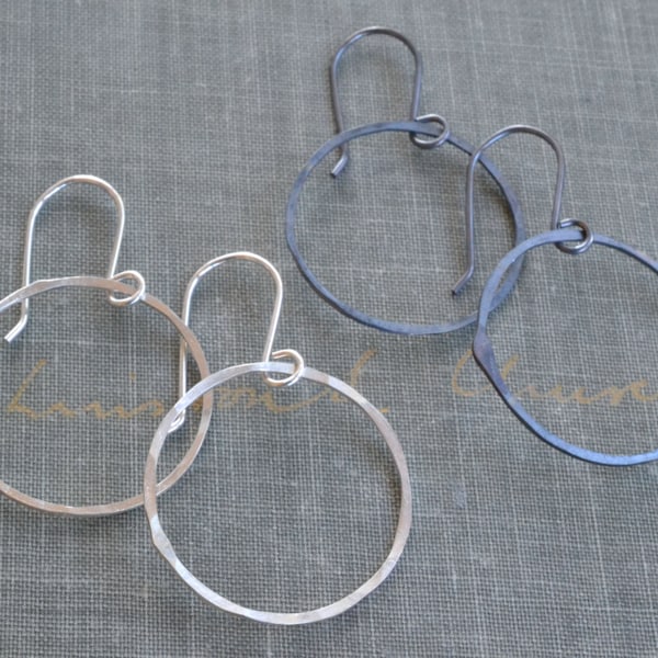 MediumSilver Hoops- hand forged, everyday earrings, minimal earrings, open circle earrings, thin hammered hoops, small wire hoops