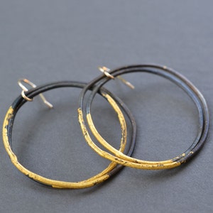 Steel & Gold Thick Hoop Earrings black and gold large hoops, gold dipped hand hammered hoops, hand forged blackened steel gypsy earrings image 1