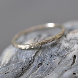 Thin 14k Gold Stacking Ring: Hand-Engraved Wheat Pattern