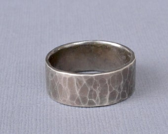 8mm Wide Hammered Silver Ring- rustic wedding band, textured ring, wide band ring, mens silver ring, oxidized silver ring, mens wedding band