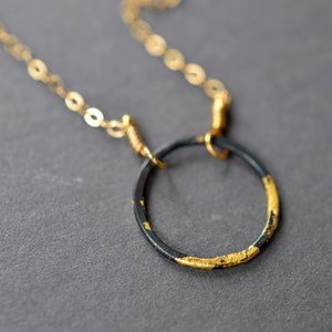 Steel and Gold Eternity Necklace black and gold dipped circle necklace layering necklace, karma necklace, minimalist necklace image 1