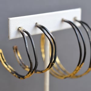 Wavy Steel and Gold Hoops- organic hoops, black and gold post hoop earrings