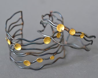 Steel and Gold Pool Linear Cuff Bracelet- organic cuff bracelet