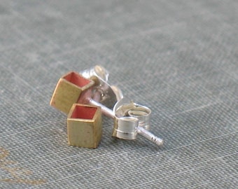 Tiny Brass Cubes- gold geometric studs, tiny geometric studs, tiny cube studs, everyday tiny studs, open square studs, dainty ear studs